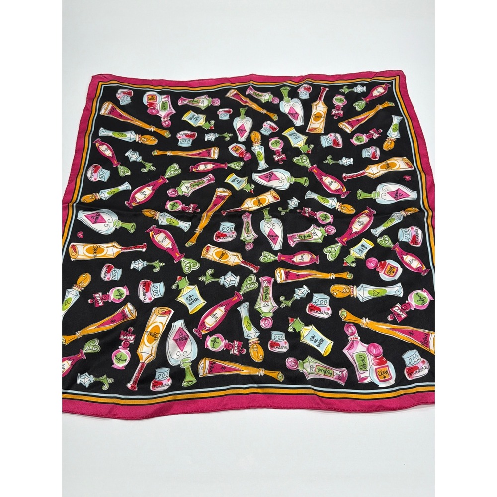 Worthington 100% Silk Square‎ Scarf Black Pink Perfume Bottle Novelty Print 21in